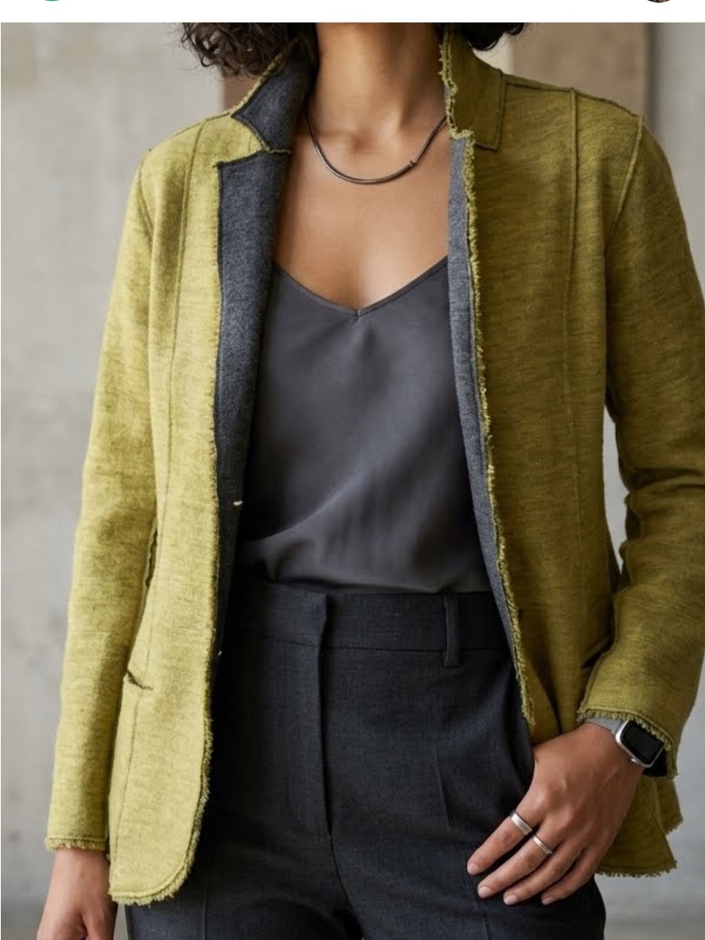 Eileen Fisher Merino Wool Blazer Olive Green Raw Edge Minimalist Jacket M